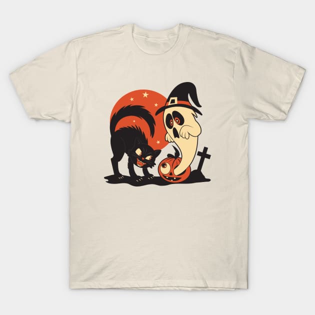 Vintage Halloween Cat and Ghost Scene T-Shirt by Kappacino Creations